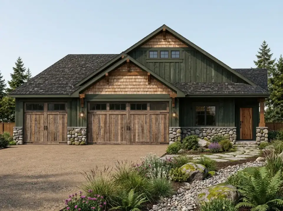 Organic woodland facade of plan 267116SPK in deep forest green siding with natural cedar shake gables, dark timber brackets, and rounded river-rock veneer base
