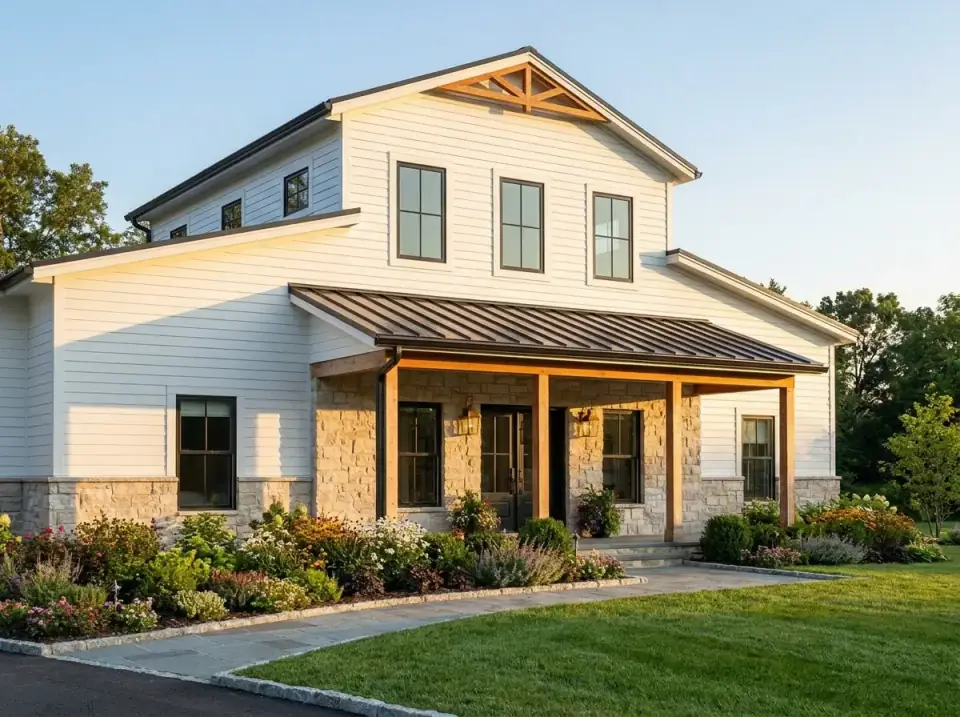 Stone-Base Farmhouse facade variation of Plan 405152FDC with light horizontal siding, full-height stone base, wood porch posts, exposed gable truss, dark window frames and layered perennial landscaping