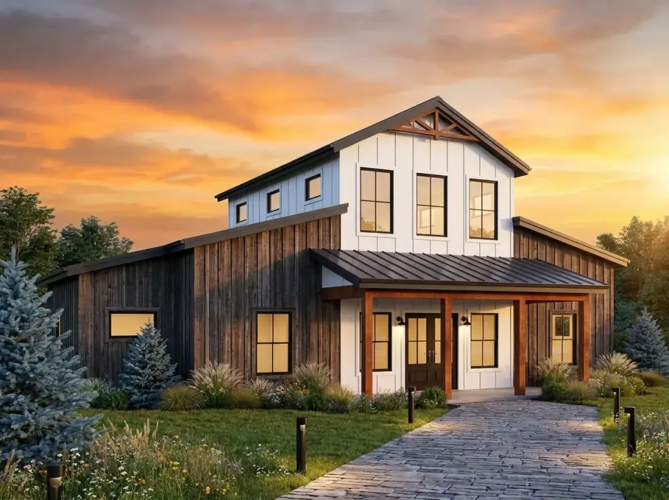 Dark Barnwood Rustic facade variation with dark vertical siding, crisp white gable panel, black metal roof, cobblestone walkway and ornamental grasses on a rural acreage