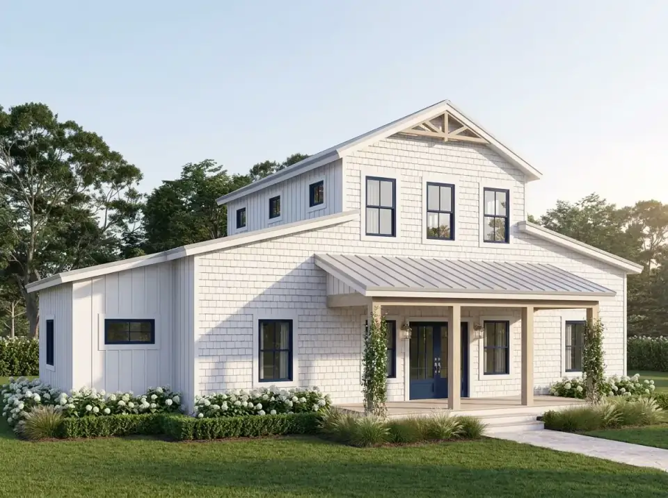 Coastal Shingle Style facade variation with white cedar shake siding, navy window trim, painted entry door, light wood porch posts, pale metal roof and formal hedge landscaping