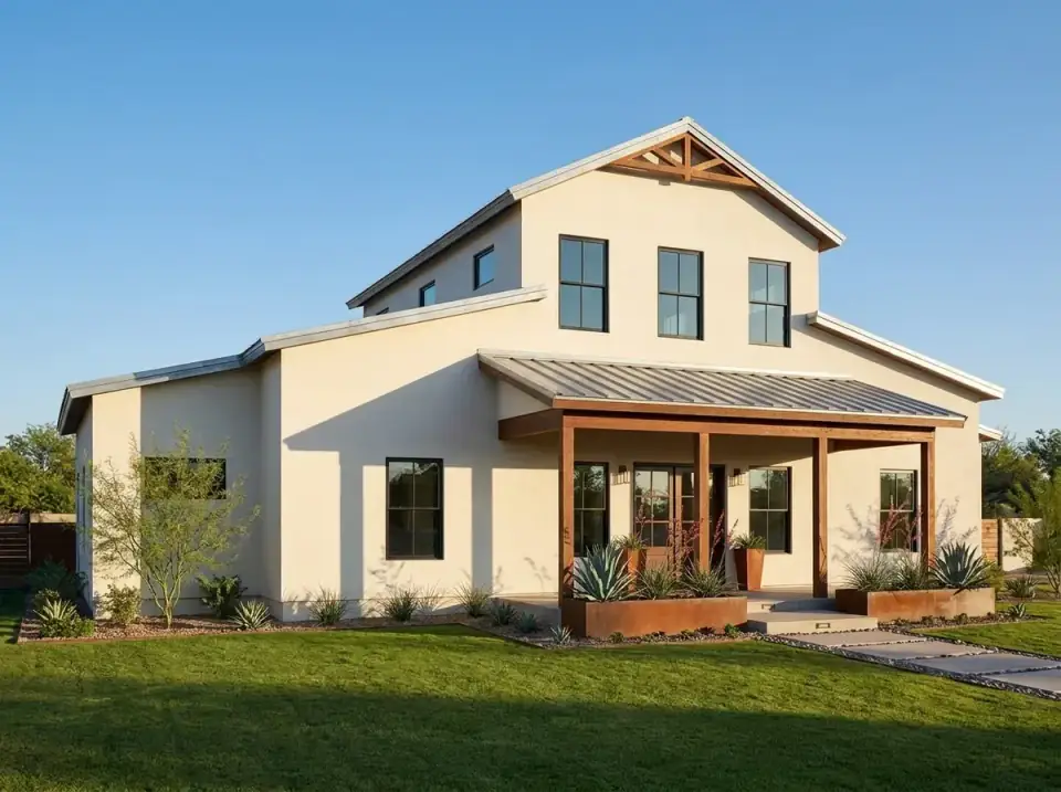 Desert Stucco Contemporary facade variation with smooth warm-neutral stucco, dark window frames, exposed wood porch posts and xeriscape landscaping with agave, gravel mulch and corten steel planters