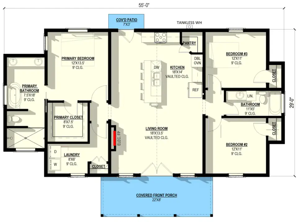 Main level floor plan of Plan 405152FDC showing the 55 by 29 foot single-story barndominium footprint with split-bedroom layout, central vaulted kitchen and living room with island, primary suite at one end with five-fixture bath and walk-in closet, two secondary bedrooms sharing a hall bath at the opposite end, and a 22-foot covered front porch