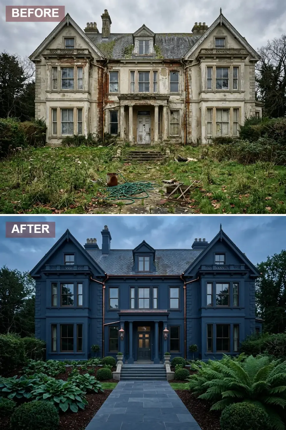Symmetrical estate facade rendered in deep indigo with patinated copper gutters, restored slate roof, and a formal shade garden of hostas and clipped boxwood