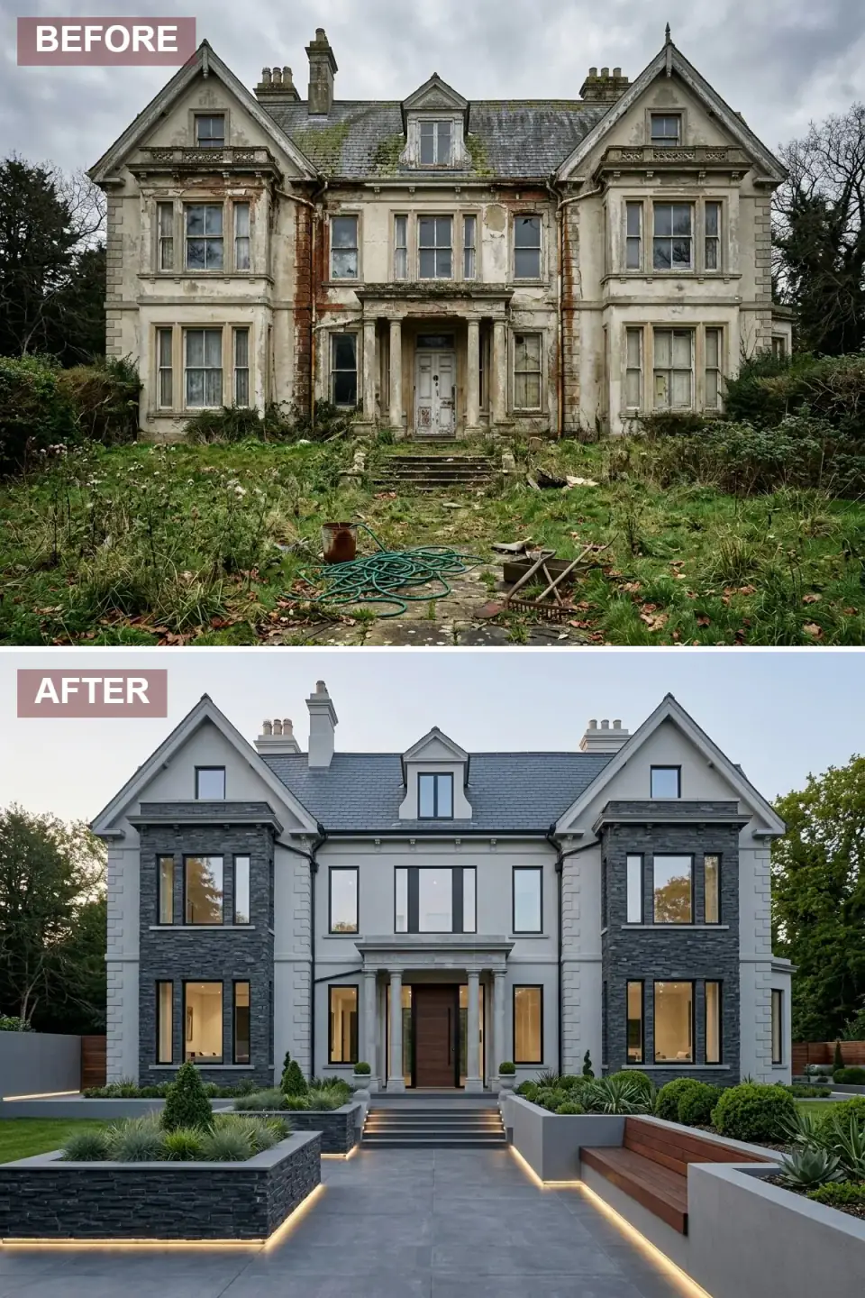 Contemporary estate with dark stacked-stone wings, light grey stucco center, full-height ground-floor glazing, porcelain walkway, lit planters, and walnut door