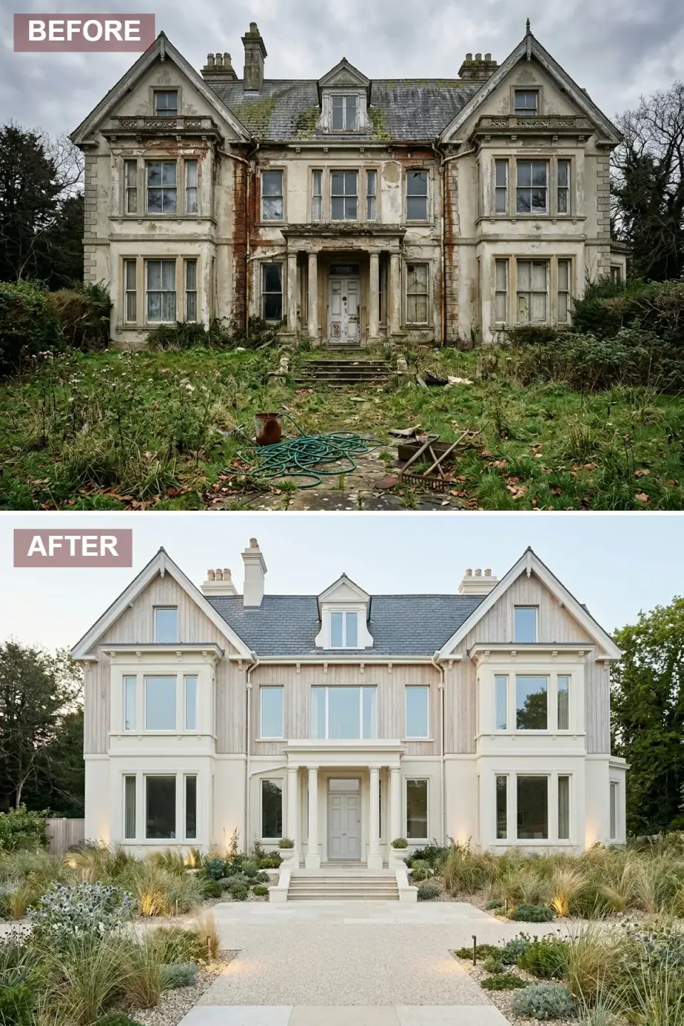 Historic estate refaced in pale vertical wood siding and cream render with large minimal-mullion windows, a gravel courtyard, and ornamental grasses