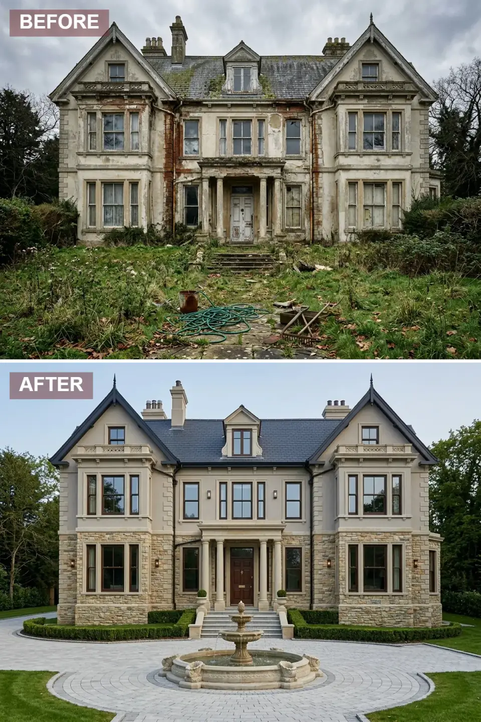 Two-tier estate with rusticated beige stone lower level and smooth stucco above, a circular cobblestone motor court, tiered fountain, and boxwood parterres