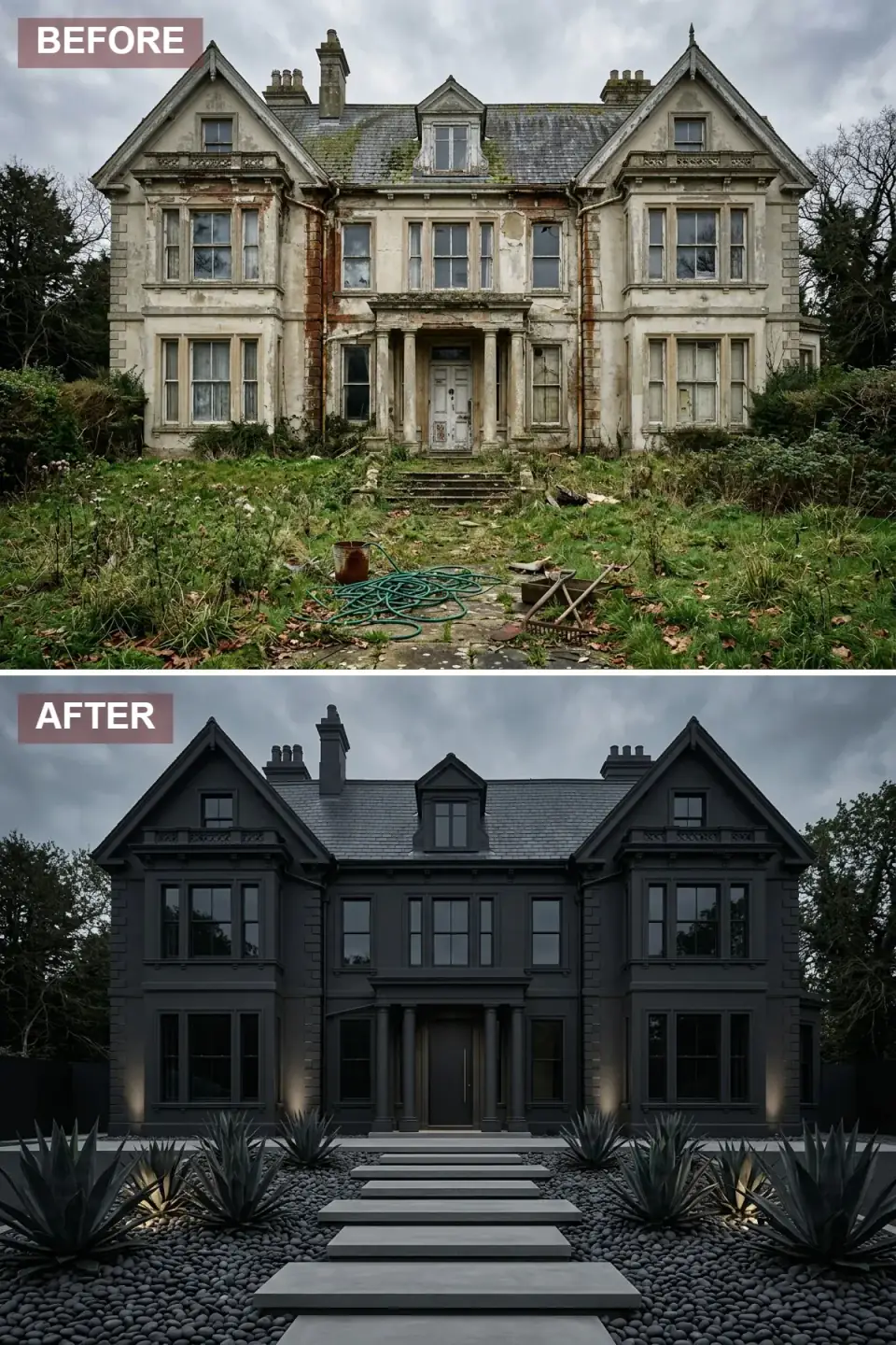 Historic estate cloaked entirely in matte black with a xeriscape of black river rock, floating concrete steppers, and architectural agaves under concealed uplighting
