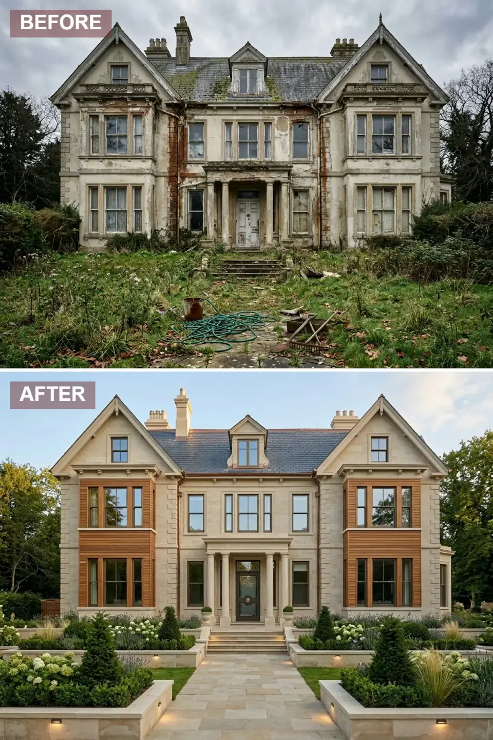 Country manor revival with cedar-clad projecting bays, limestone-colored stucco, dark bronze multi-pane windows, raised stone planters of hydrangeas and lavender