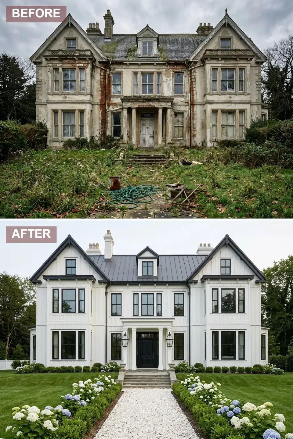 Decaying mansion reborn as a white clapboard modern farmhouse with black trim, charcoal standing-seam metal roof, hydrangea borders, and black paneled door