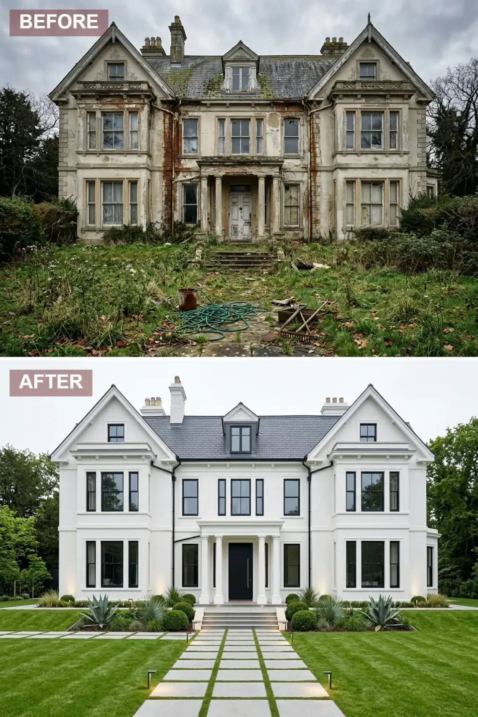 Mansion reborn as a bright white neo-classical villa with sharp black window frames, grey slate roof, a gridded lawn of square pavers, agaves and boxwood spheres
