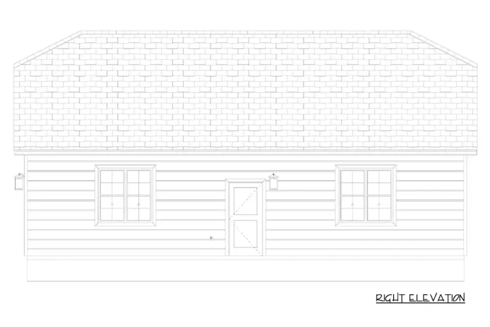 Side elevation of the garage plan showing personnel door and double-hung windows under a simple gable roof