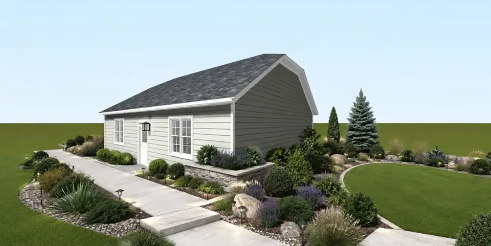 Detached workshop garage clad in light stucco with dark window frames on a wooded lot