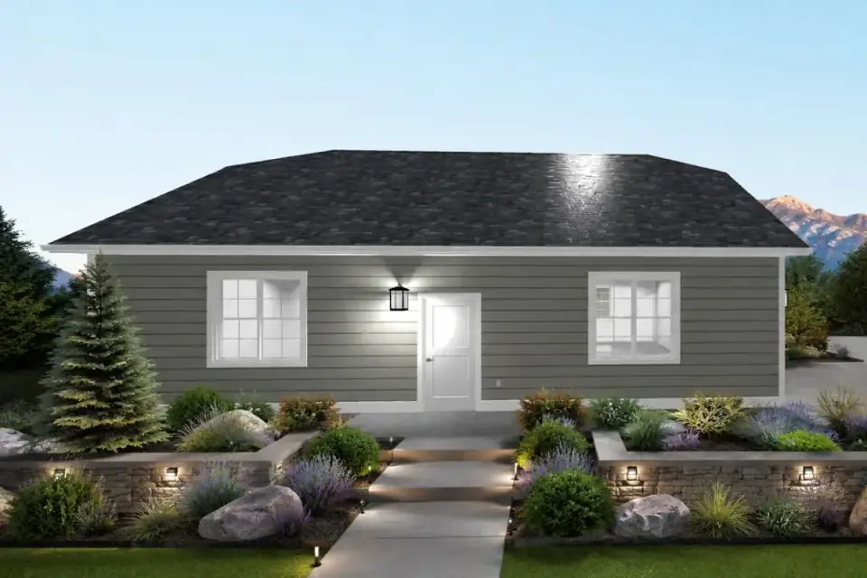Traditional lap-siding version of the garage plan with white trim and gable returns