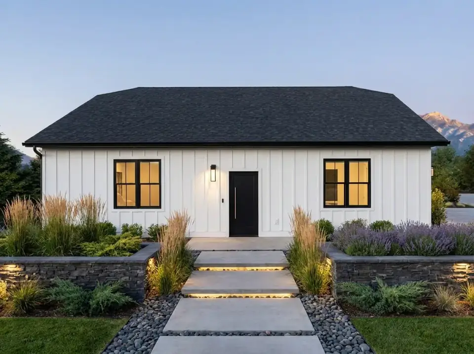 Modern farmhouse garage facade in white board-and-batten siding with black window frames and a dark roof