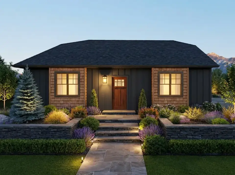 Rustic craftsman garage facade with dark vertical board-and-batten and warm cedar shake accents