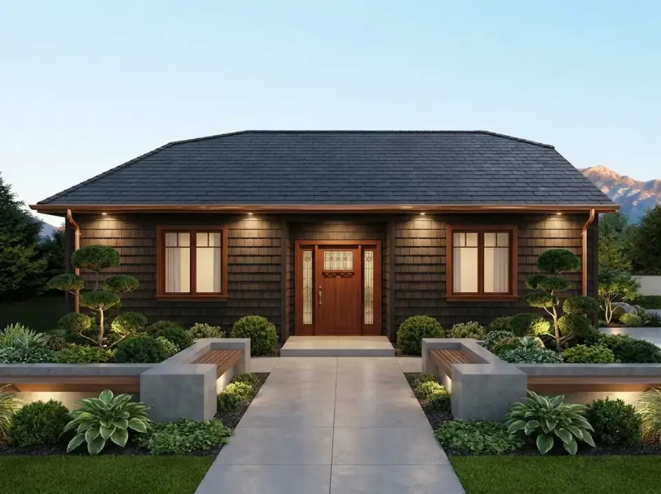 Zen craftsman garage facade in dark brown shingle siding with copper gutters and a leaded-glass wood door