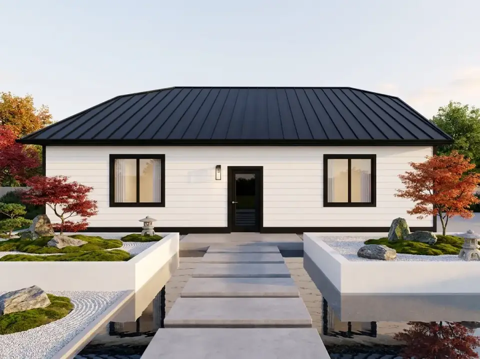 Minimalist zen garage facade as a white box with black frames beside a raked gravel garden and reflecting pool