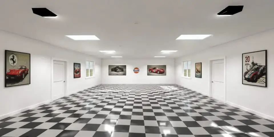 Open column-free garage interior with high ceilings, track lighting, and a finished checkered showroom floor