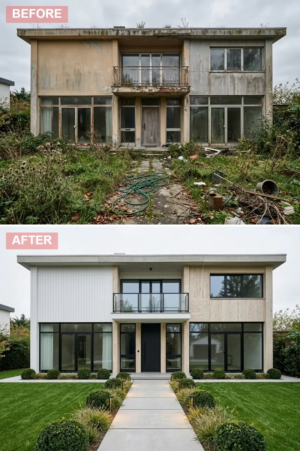 Modernist two-volume flat-roof house renovated in Scandinavian style with the left volume reclad in white vertical channel James Hardie fiber-cement siding and the right volume in pale bleached Thermory ash plank cladding, a frameless tempered-glass and brushed-steel balcony balustrade, a matte black Marvin Modern pivot front door, black-framed Marvin ribbon windows unifying the ground floor, manicured lawn with symmetrical boxwood spheres and ornamental Karl Foerster grasses, and integrated low-voltage bollard path lights along a poured concrete walkway