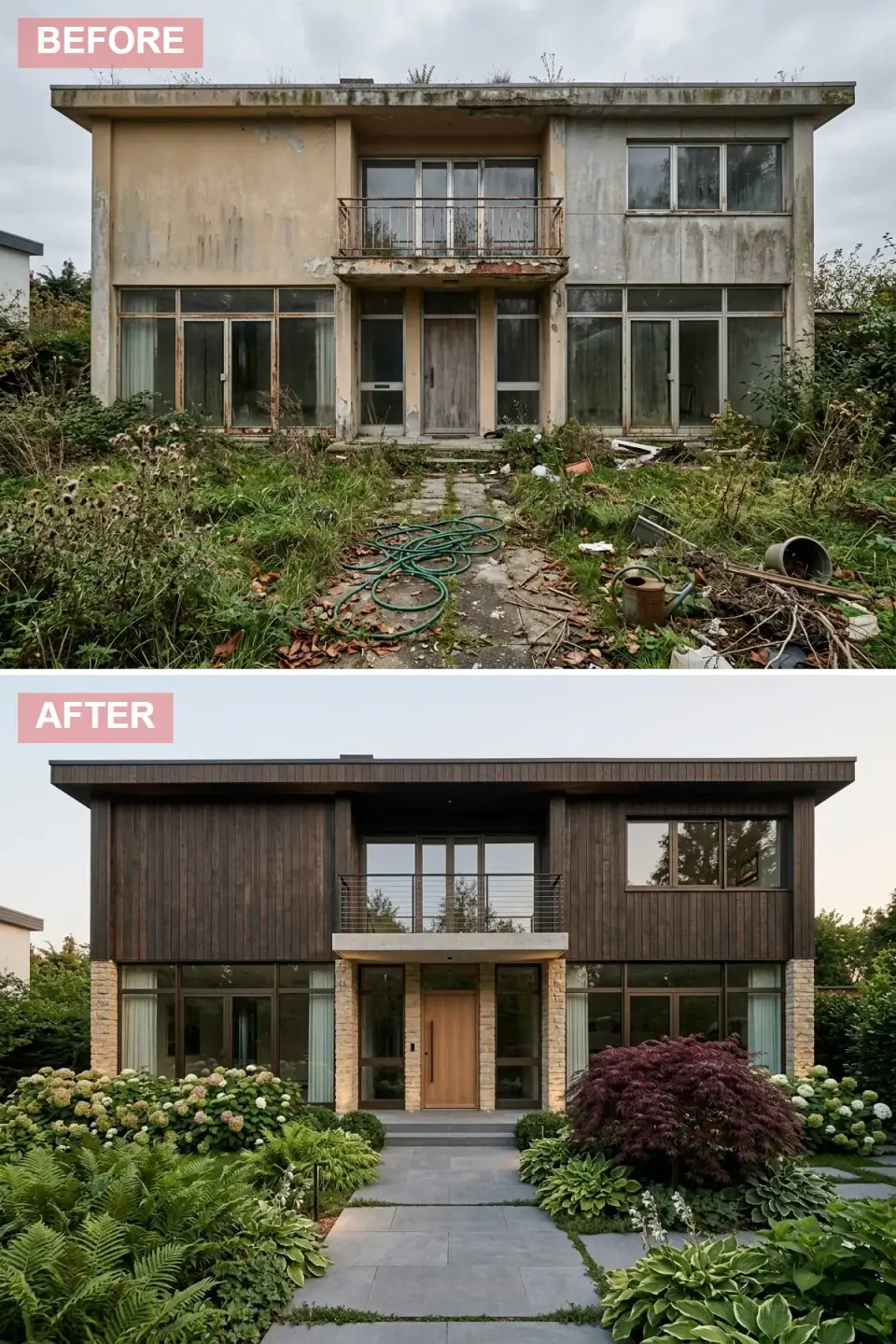 Modernist flat-roof house transformed into an organic-modern treehouse with the upper story clad in vertical charred Shou Sugi Ban cedar siding, textured real fieldstone pillars at the ground-floor corners, a stainless-steel cable balustrade on the balcony, a warm solid white oak front door, a curated layered shade garden of climbing hydrangeas hostas ferns and a focal burgundy Japanese maple, bluestone walkway with irregular organic edges winding through the layered plantings