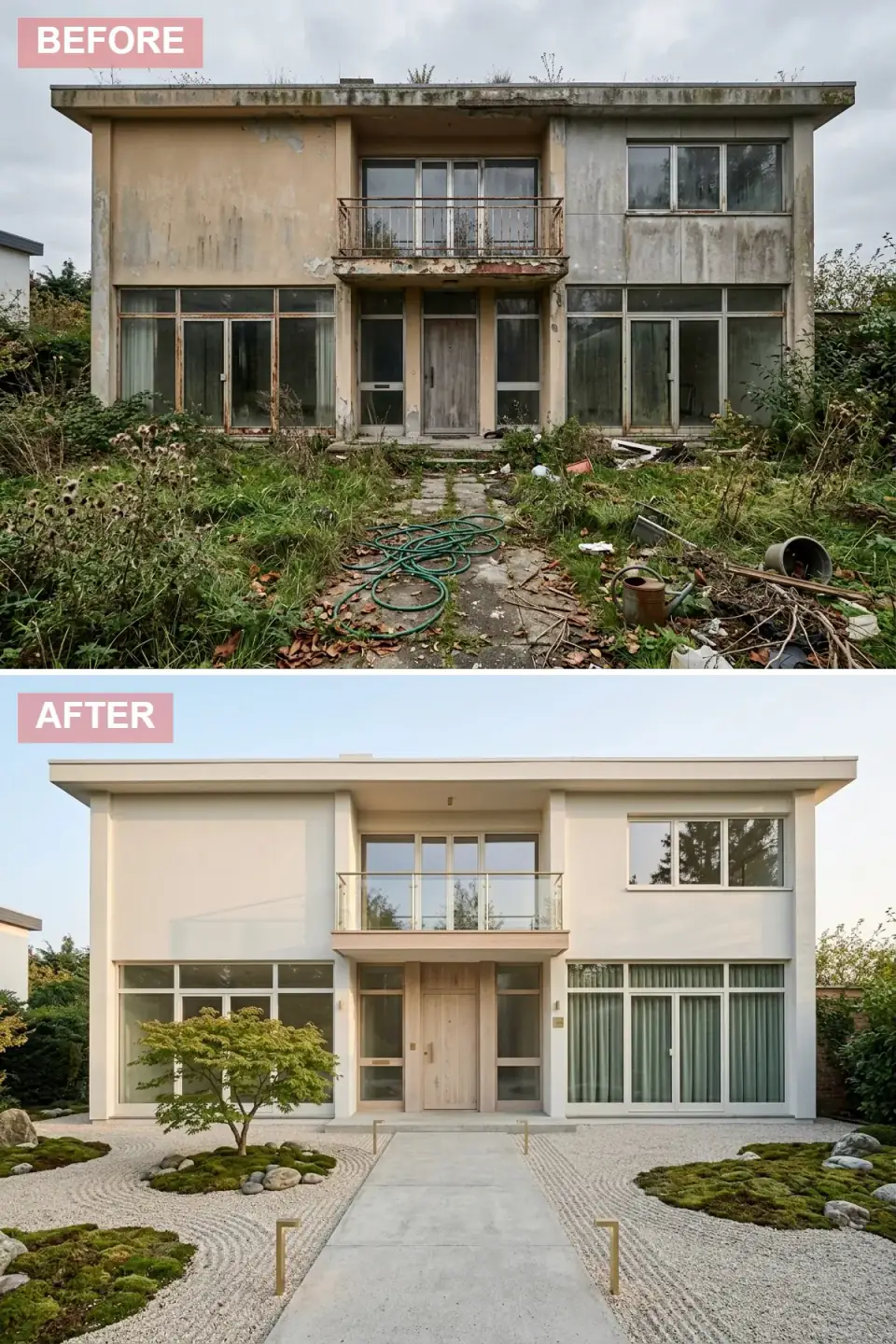 Modernist flat-roof house rendered as a meditative cube with smooth off-white EIFS stucco facade pale ash wood entry door and balcony railing soft sage linen drapery visible inside large clean window planes a Japanese Zen garden featuring meticulously raked white gravel moss islands scattered river stones a single sculpted Japanese maple specimen tree and brass path lights flanking a clean poured-concrete walkway