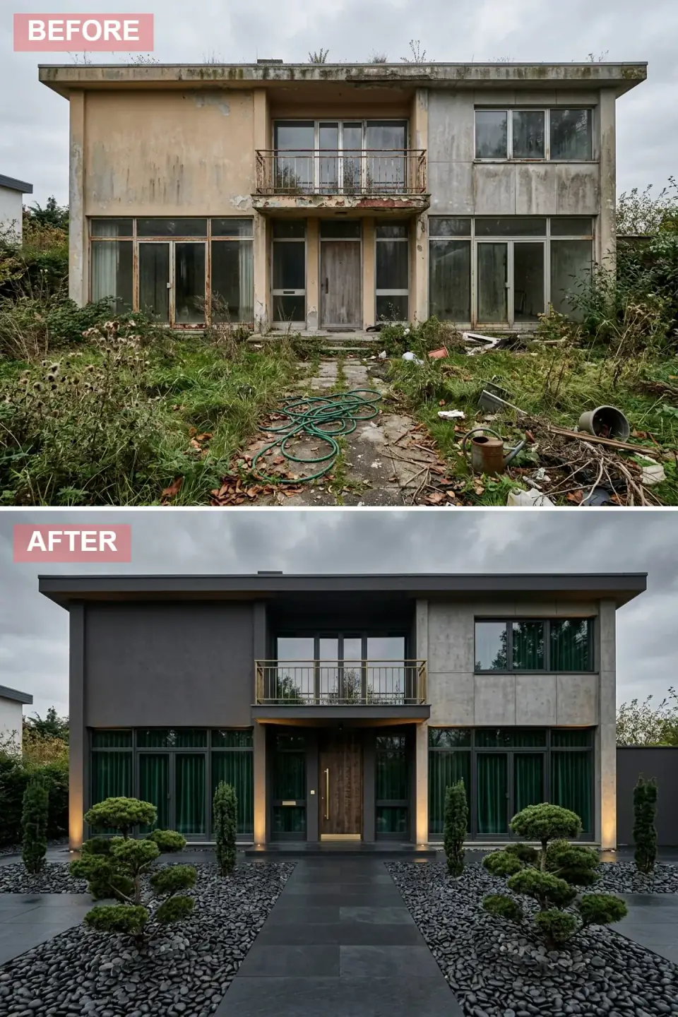 Modernist flat-roof house renovated in dramatic all-dark palette with matte charcoal acrylic stucco on the left volume raw board-formed concrete on the right volume deep emerald green linen interior drapery visible behind dark Marvin black-framed windows a slim burnished brass rod balcony railing a moody xeriscape of dark river stones charcoal slate pavers cloud-pruned Japanese black pine specimens recessed Bega architectural uplighting at the base grazing the trees and facade after dusk
