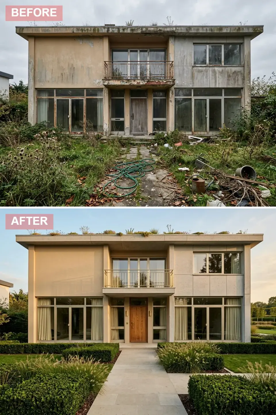 Modernist flat-roof house cloaked in European elegance with warm beige travertine-look smooth stucco walls a brushed brass balcony railing and matching brass exterior light sconces sheer cream linen drapery softening the tall window walls a new green living sedum roof visible above the parapet formal boxwood parterres flanking a wide limestone walkway ornamental Karl Foerster grass clusters and a precise symmetrical landscape composition