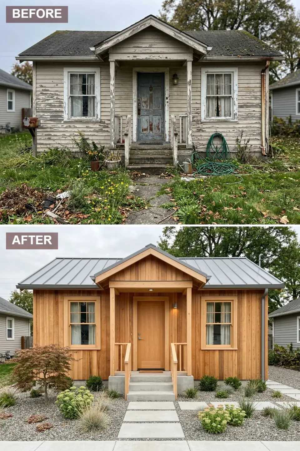 Small cottage renovated with warm vertical cedar cladding, a grey standing-seam metal roof, and minimalist gravel-and-paver landscaping in Scandi-modern style