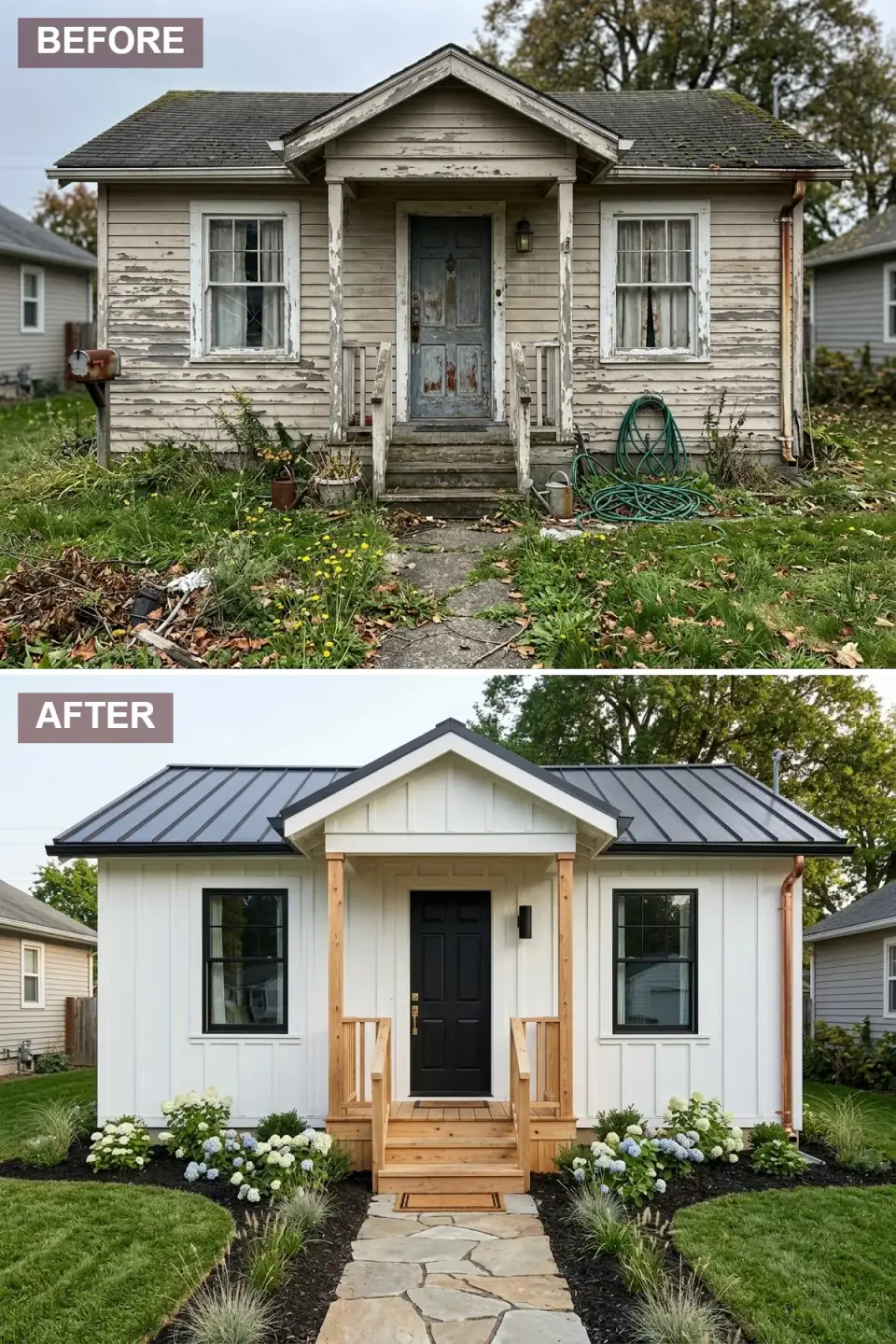 Cottage transformed into a modern farmhouse with crisp white board-and-batten siding, black metal roof, black window frames, and natural wood porch posts