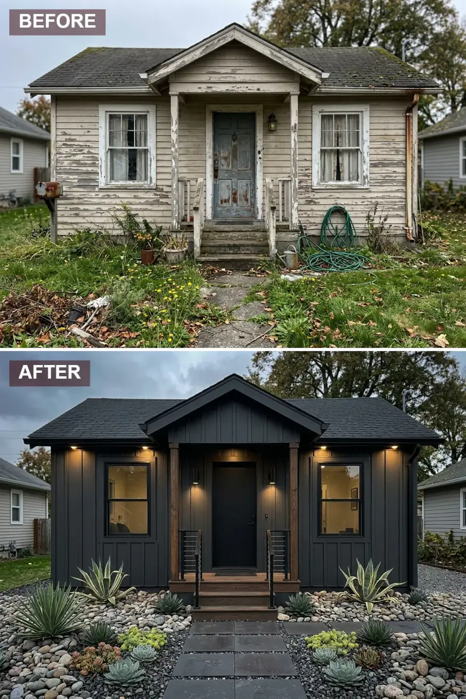 Cottage painted deep charcoal with matching door and window frames, dark wood porch accents, wall sconces, and a low-water xeriscape of river stone and agave