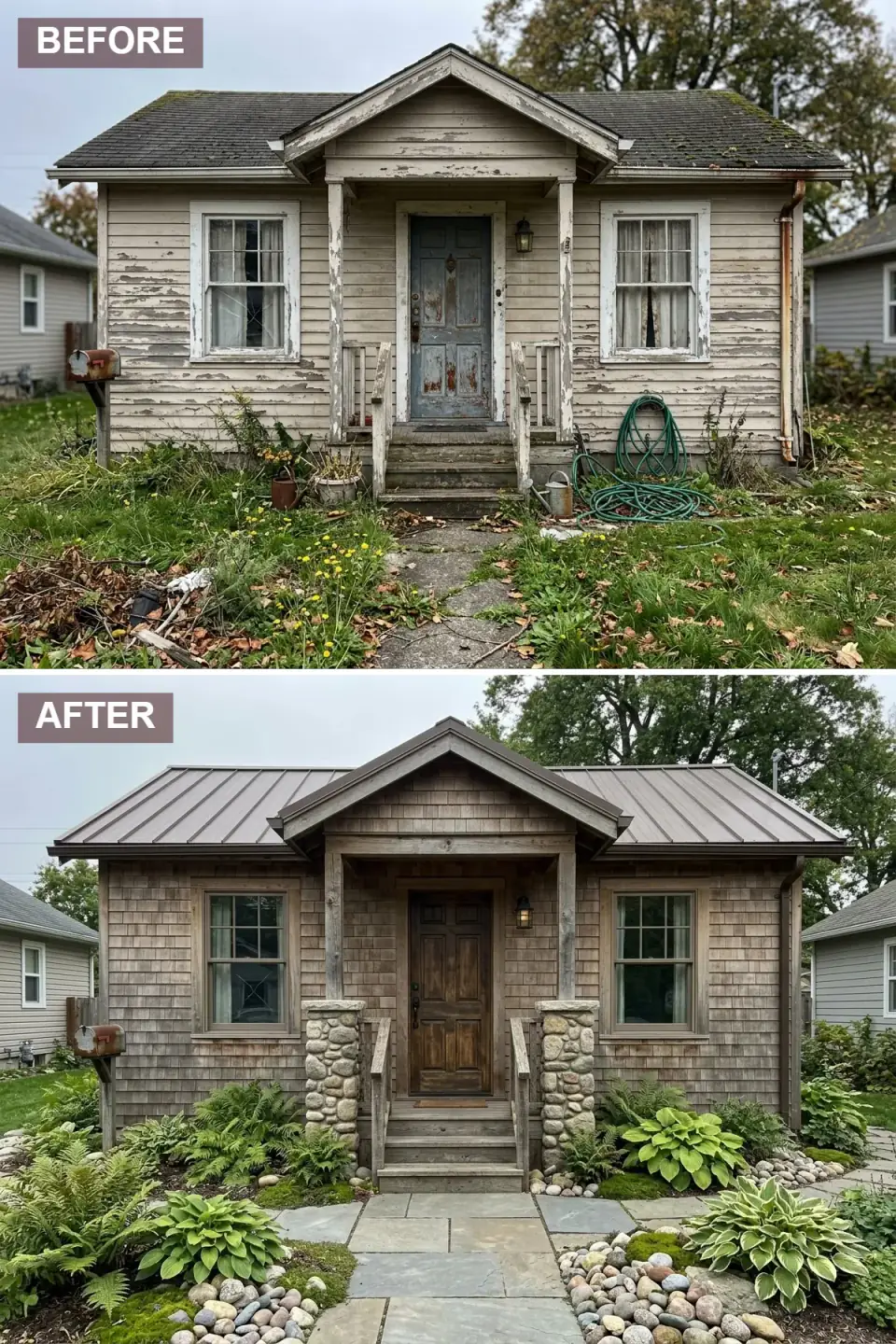 Cottage clad in natural cedar shakes with fieldstone porch piers, wood columns, a paneled walnut door, bronze metal roof, and a woodland garden of ferns and hostas