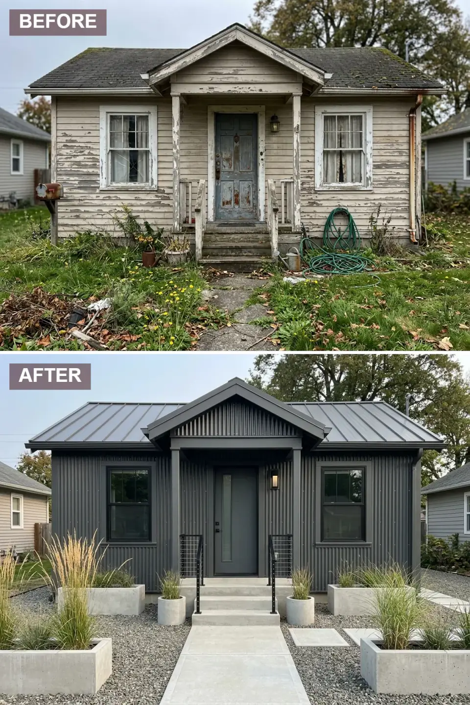 Cottage clad entirely in dark grey corrugated metal including the roof, with a minimalist grey slab door, cast concrete steps, and geometric planters of ornamental grasses