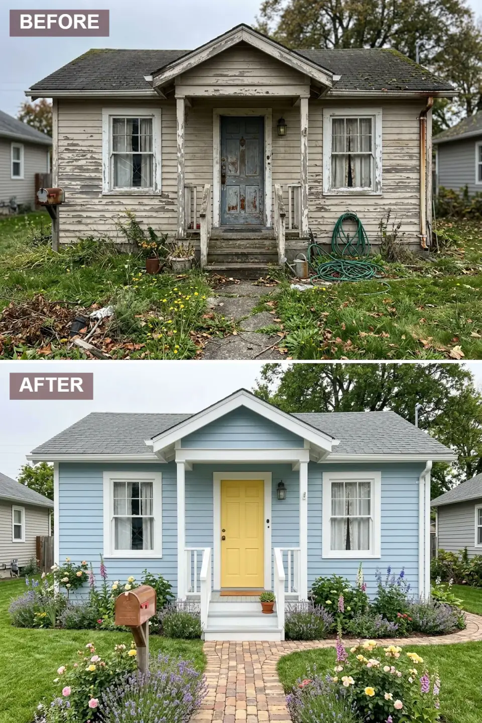 Cottage painted sky blue with crisp white trim, a sunny yellow front door, and an abundant cottage garden of roses, lavender, and foxgloves along a brick path
