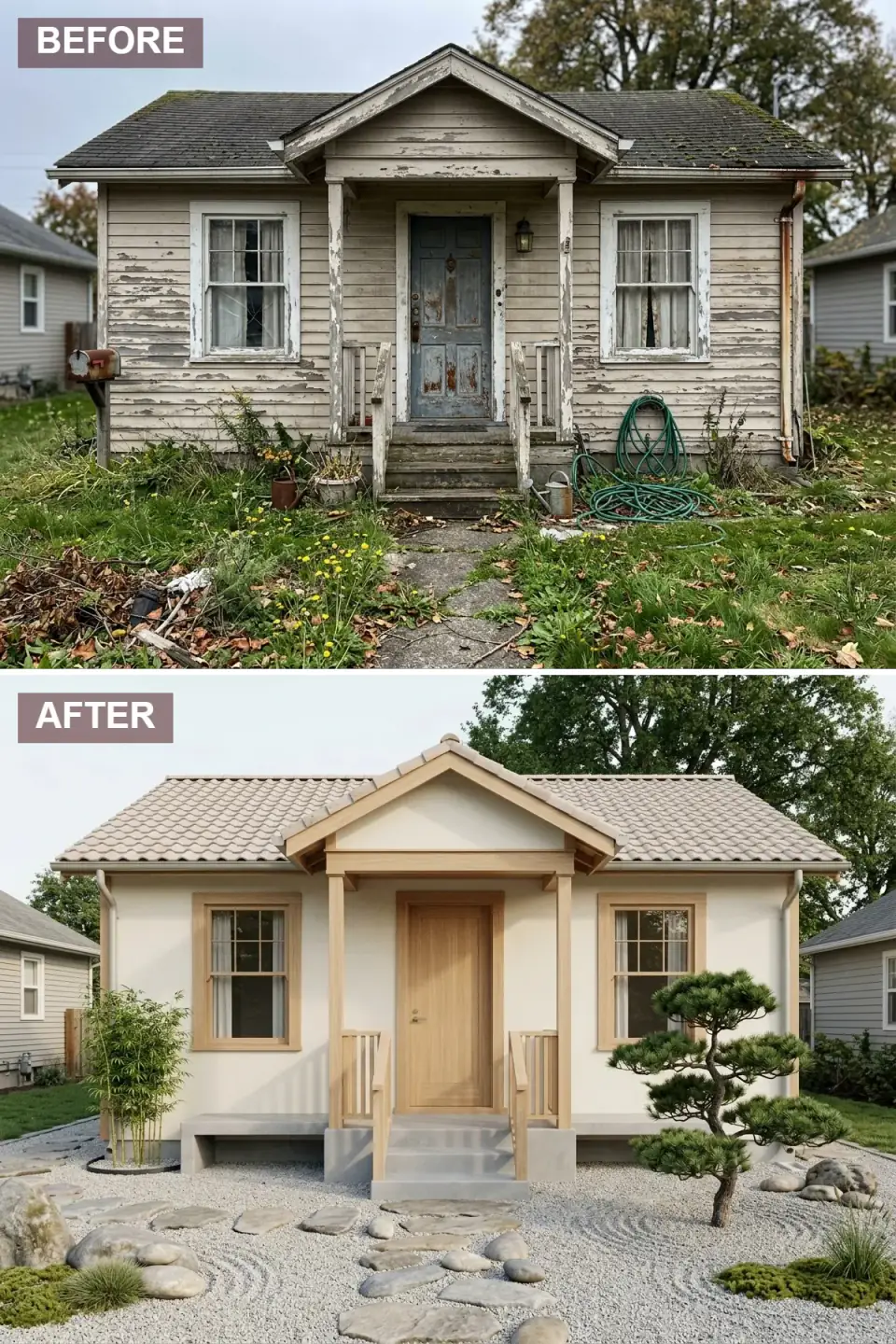 Cottage finished in cream stucco with a light clay tile roof, natural light-oak door and columns, and a Japanese dry garden of raked gravel, rocks, moss, and bamboo