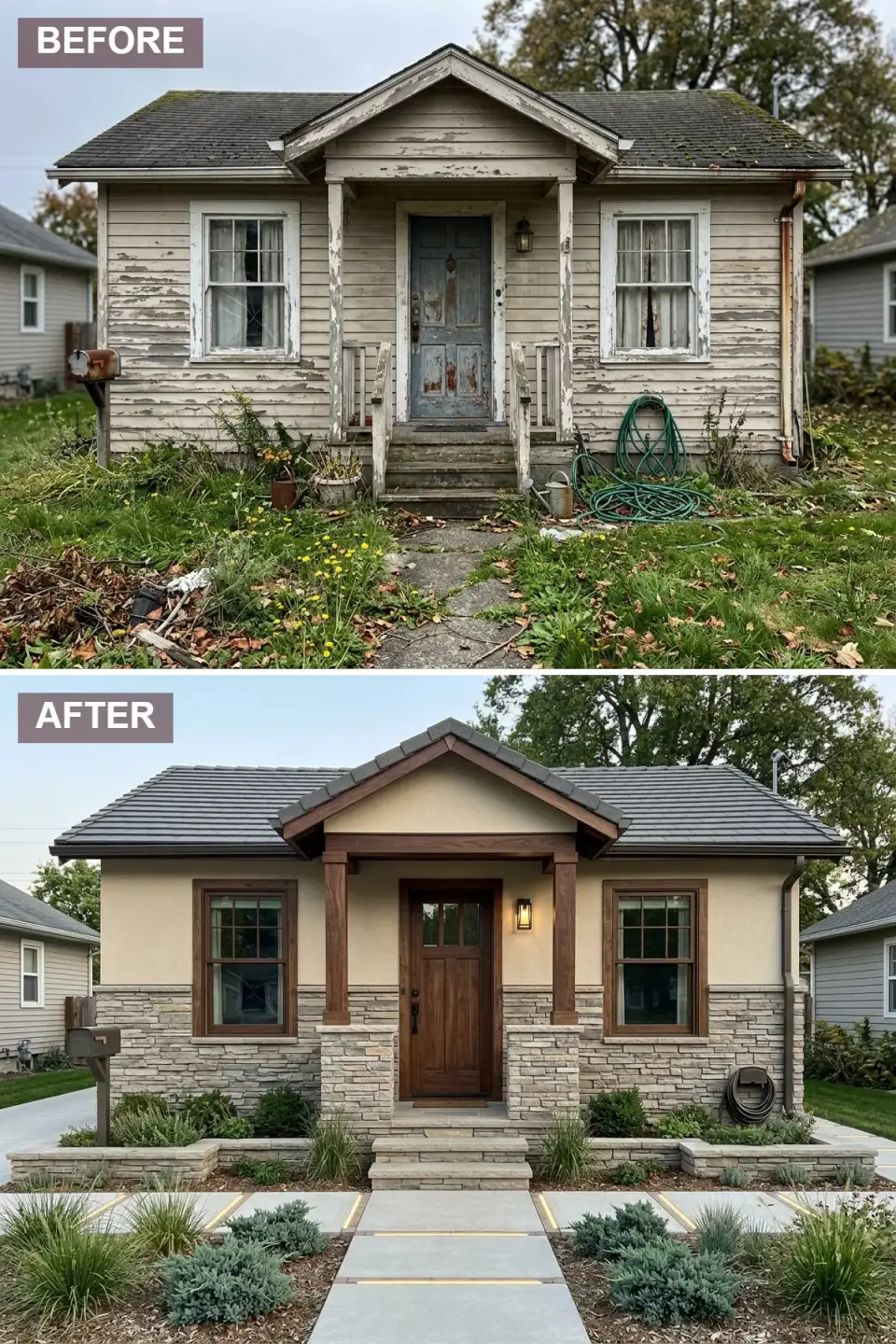 Cottage with a two-tone exterior of tan stucco above and stacked stone veneer below, thick dark wood columns, a dark tile roof, built-in stone planters, and integrated LED strip lighting