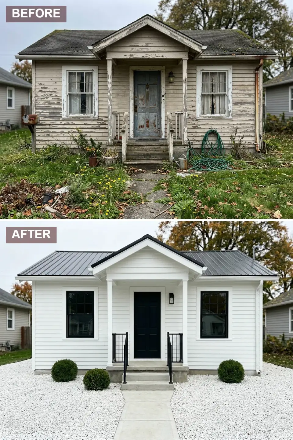 Cottage clad in crisp white horizontal siding with all-black metal roof, window frames, door, and railings, set in a white-gravel yard with three spherical green boxwoods