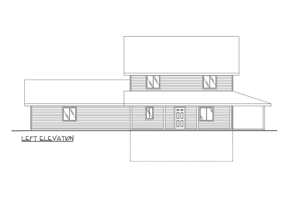 Plan 35041GH front color rendering option 2 — same farmhouse in light siding with natural wood trim and lighter porch posts, demonstrating the same massing in a brighter palette.