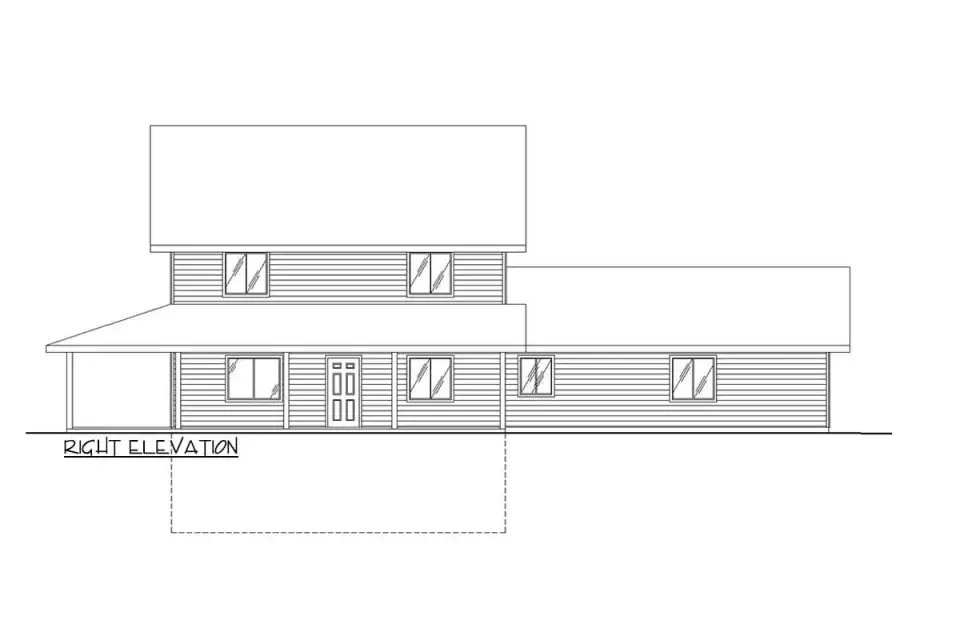 Plan 35041GH left elevation — prominent front gable with tall vertical windows, deep porch with structural posts, and shed-roof porch extension.