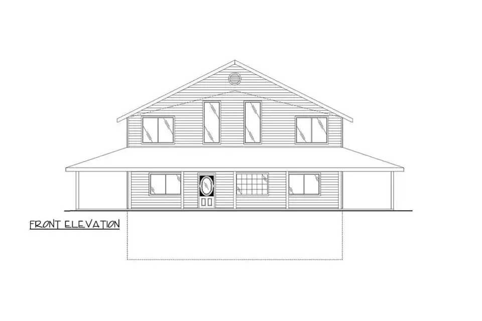 Plan 35041GH right elevation showing the wraparound porch continuing past the master suite wing with private porch access.