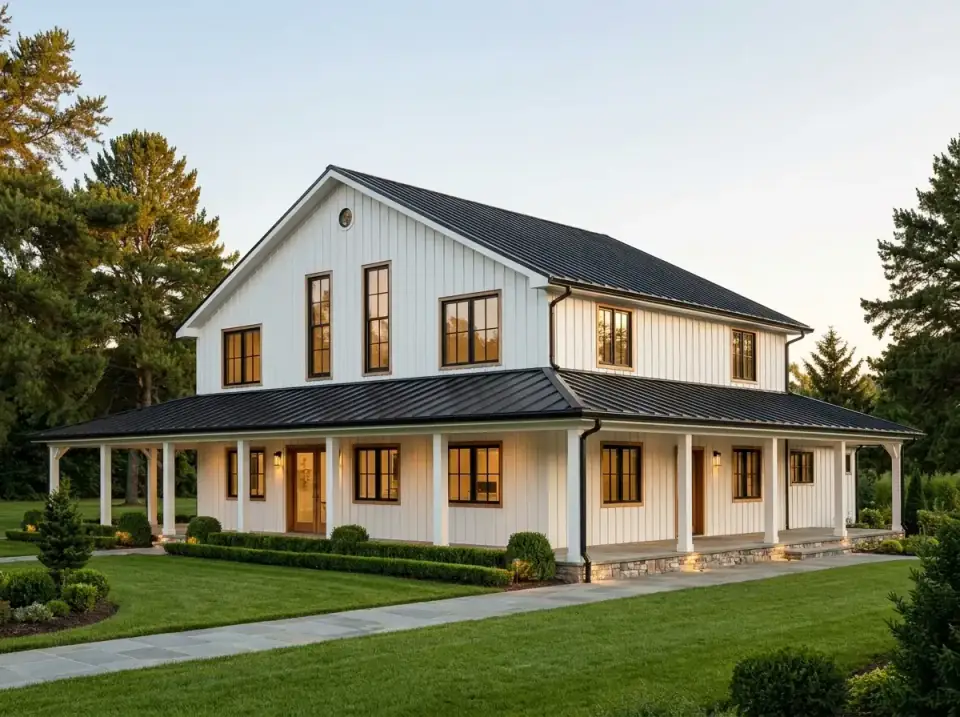 Plan 35041GH facade variant 1 — classic white modern farmhouse with white vertical siding, dark standing-seam metal roof, fieldstone skirting along the base, clipped boxwood hedges, and paved walkway to the covered porch.