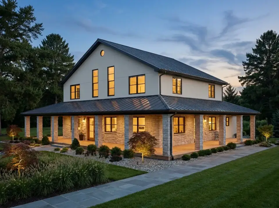 Plan 35041GH facade variant 2 — stone-and-stucco estate with light upper cladding, full stone veneer on the first floor, substantial stone columns, gravel landscape beds, ornamental grasses, and focused uplighting at dusk.