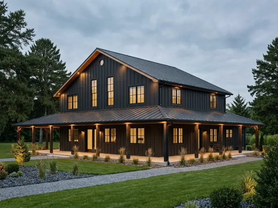 Plan 35041GH facade variant 3 — midnight barnhouse with dark vertical siding unifying upper and lower volumes, dark standing-seam metal roof, warm wood porch posts, soffit lighting, native grasses and gravel paths.