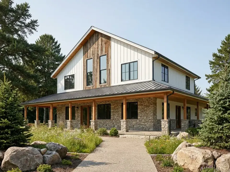 Plan 35041GH facade variant 4 — rustic gable farmhouse with white board-and-batten siding, natural wood accent panel in the front gable, fieldstone on the lower level, native plantings, boulders, and informal gravel path.