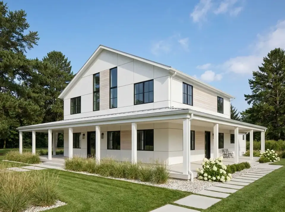 Plan 35041GH facade variant 5 — contemporary coastal farmhouse in smooth white cladding with light wood panel accents, slender columns, black-framed windows, ornamental grasses, flowering shrubs, stepping-stone walkway.