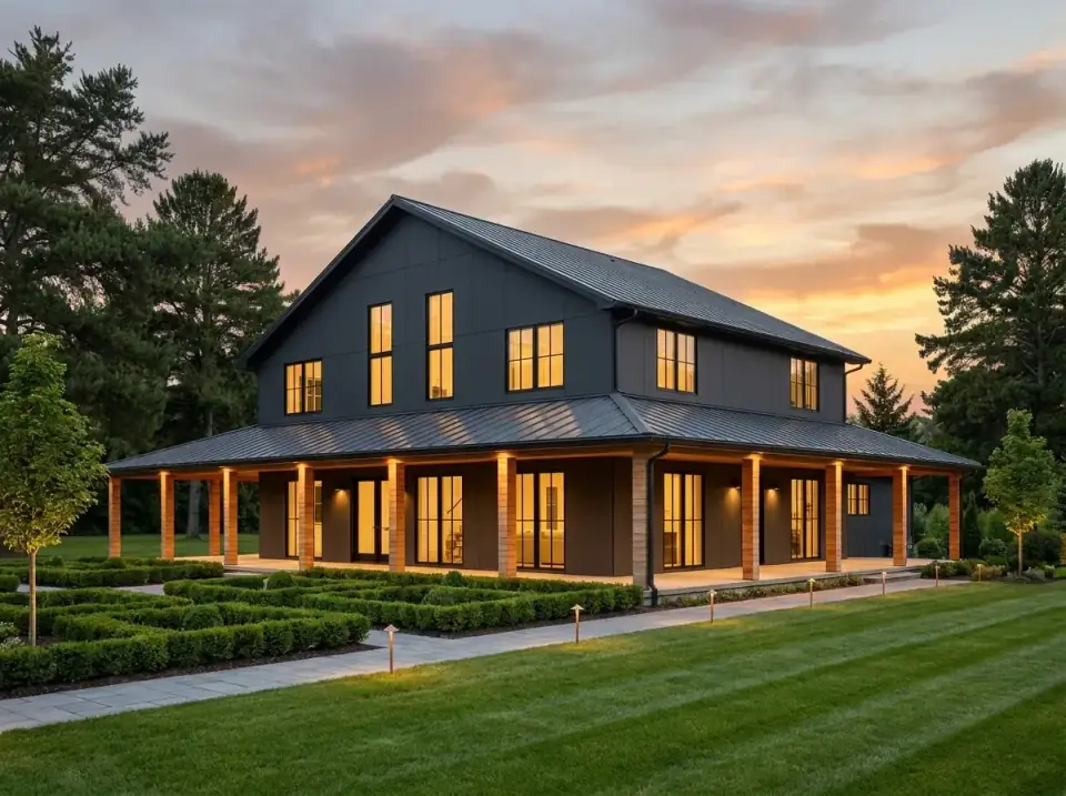 Plan 35041GH facade variant 6 — formal estate farmhouse with charcoal siding, light brick porch columns, formal boxwood hedges, evenly graded lawn, path lighting, wide paved walk.