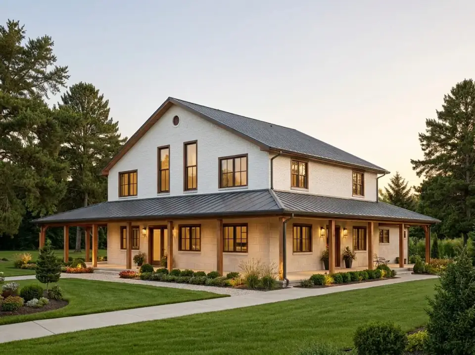 Plan 35041GH facade variant 7 — traditional white brick farmhouse with limewashed white brick first floor, white siding above, natural wood porch columns, perimeter beds with shrubs and flowers.