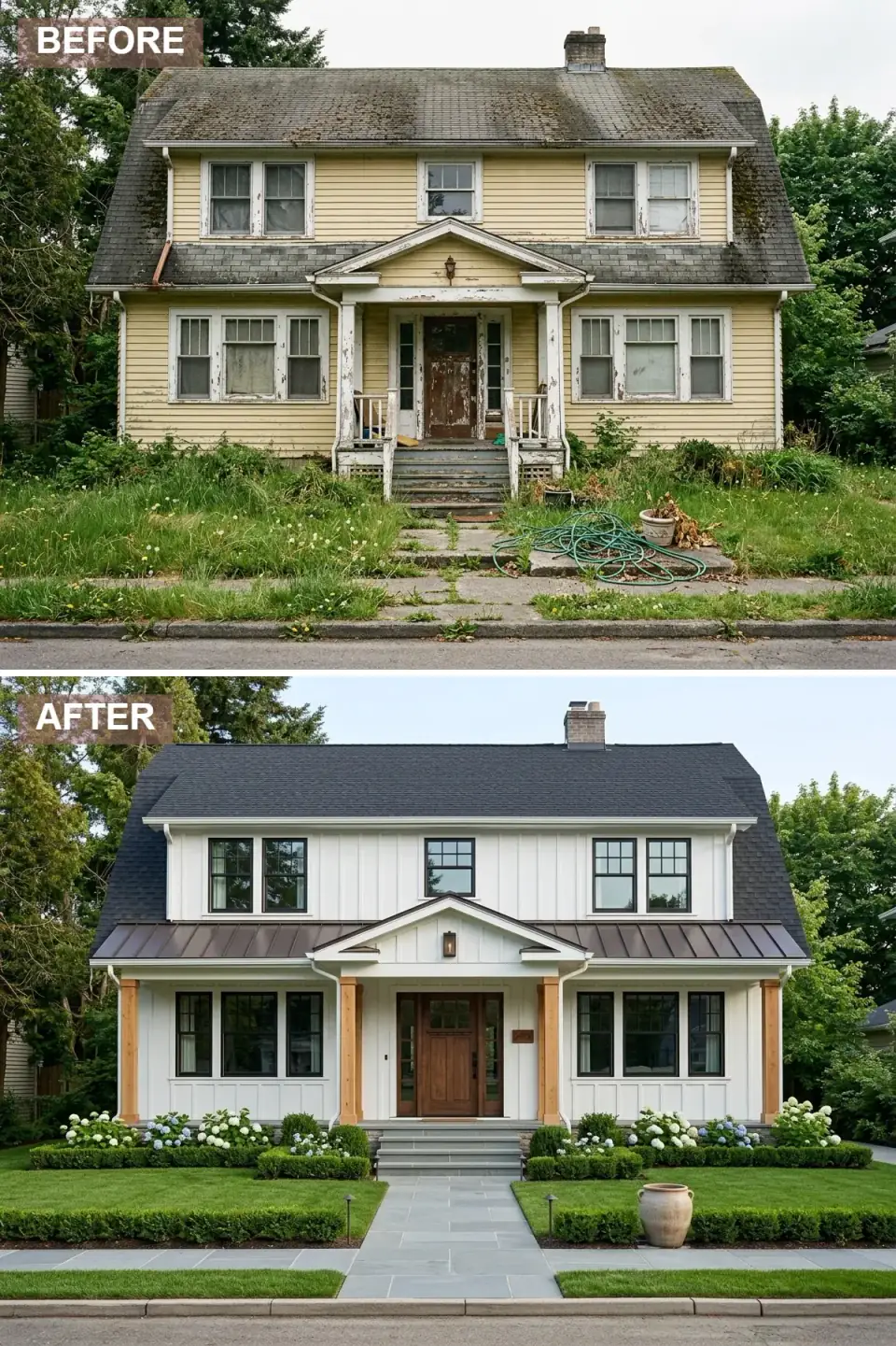 Neglected Dutch Colonial home renovated into a crisp modern farmhouse with vertical white James Hardie board-and-batten siding, dark standing-seam metal porch roof, natural cedar porch columns and front door, structured boxwood and hydrangea landscaping, and a curved bluestone walkway
