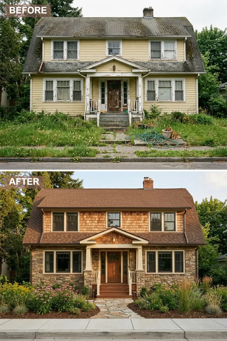 Same Dutch Colonial reimagined in rustic Craftsman vocabulary with warm cedar shake siding on the upper gambrel, real fieldstone veneer on the first-floor wall and porch piers, brown asphalt architectural shingles, mahogany porch decking, and a naturalistic meadow garden of ornamental grasses and echinacea around a flagstone path