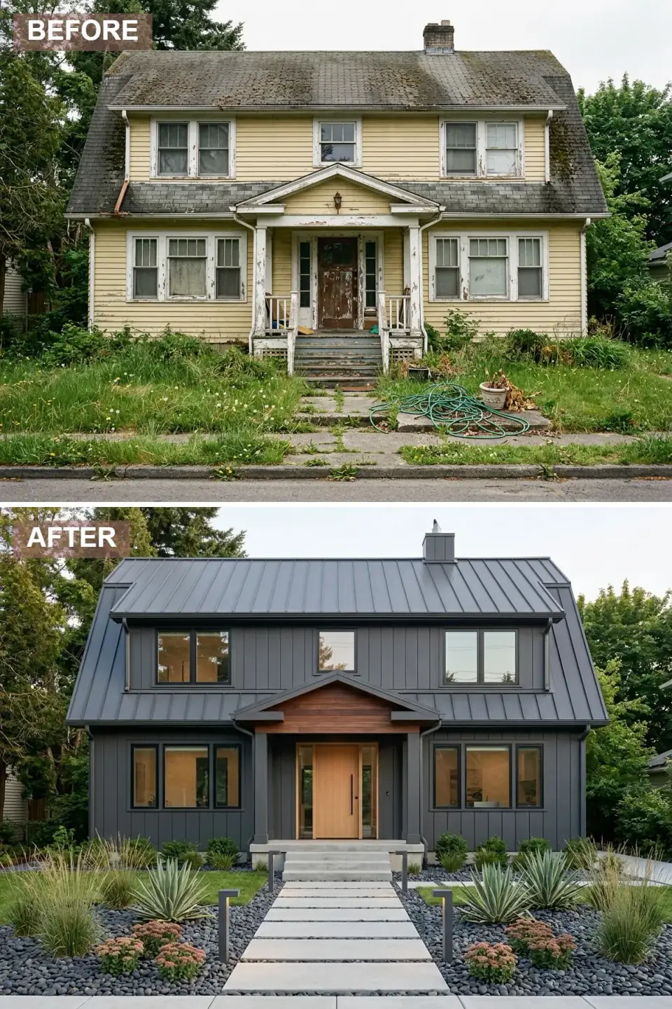 Dutch Colonial converted to contemporary minimalist exterior with dark charcoal vertical fiber-cement siding wrapping the gambrel monolithically, dark standing-seam metal roof, simplified flat-roof porch canopy, solid wood slab door, large-format light concrete pavers, and architectural xeriscape plantings of agave and dark river stones