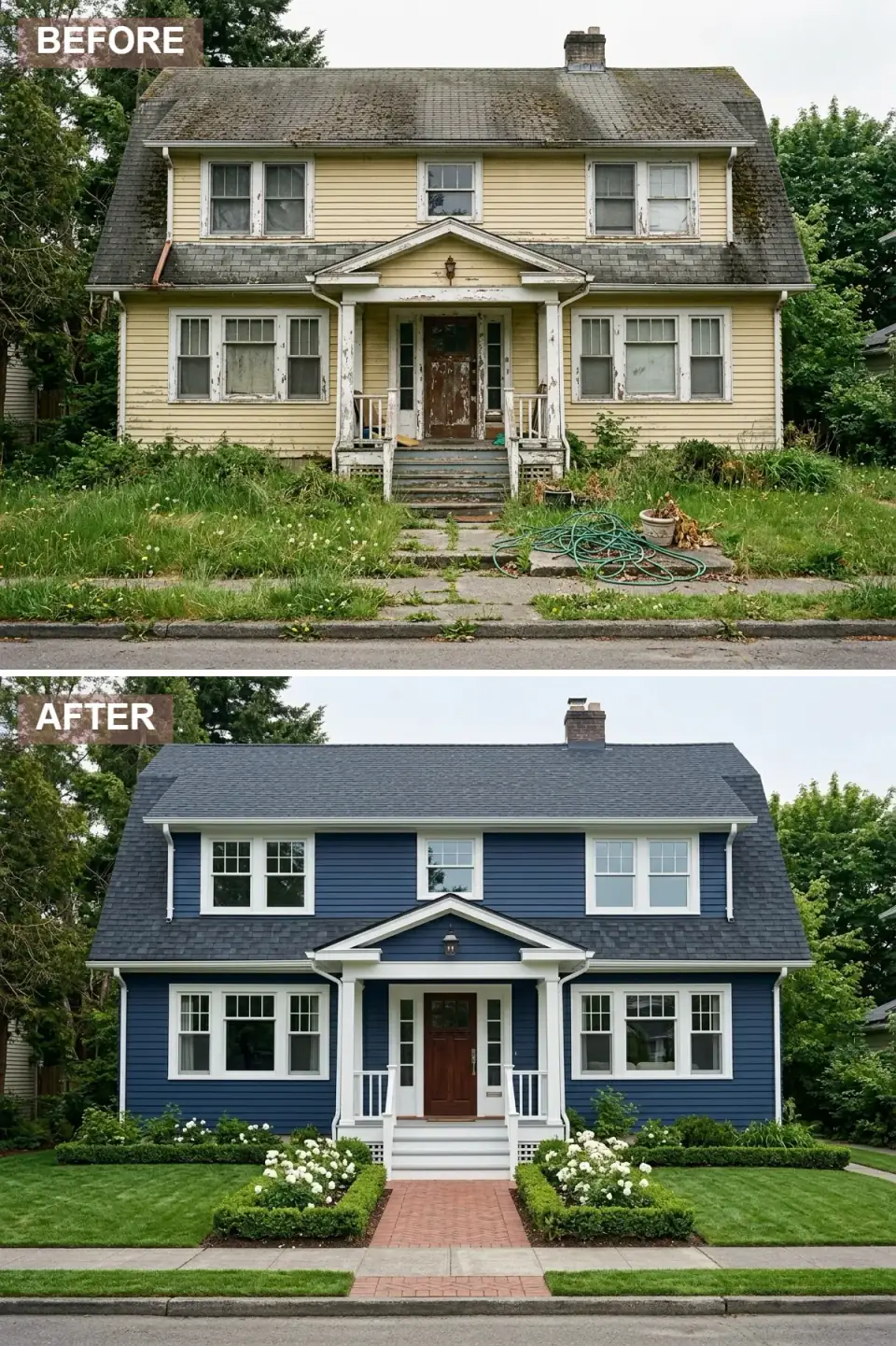 Dutch Colonial painted deep navy blue with crisp white trim, substantial white square porch columns, traditional white balustrade, restored shed dormer band, classic red brick herringbone walkway, formal symmetric boxwood hedging, and white rose bushes flanking the front steps